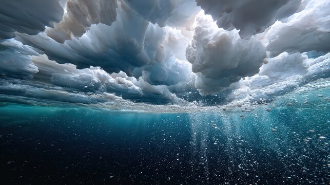 Polar under-ice seascape with sculpted ice ceiling and suspended particles, surreal clarity and quiet frozen beauty, high-end nature documentary aesthetic, cold diffused ambient light