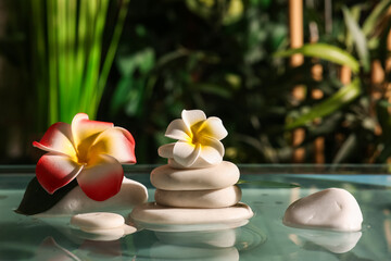 Obraz premium Lake with spa stones and beautiful plumeria flowers in tropical bamboo garden