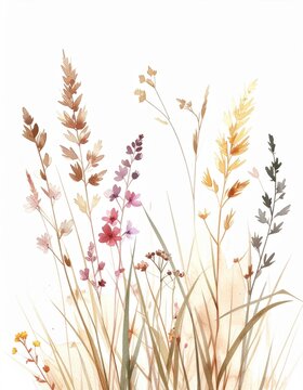 Delicate watercolor painting of wildflowers and grasses in soft earthy and pink tones on a white background.