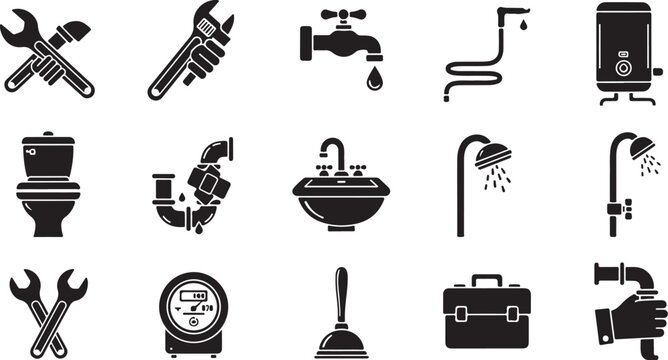 Plumbing tools and bathroom fixtures icon set collection