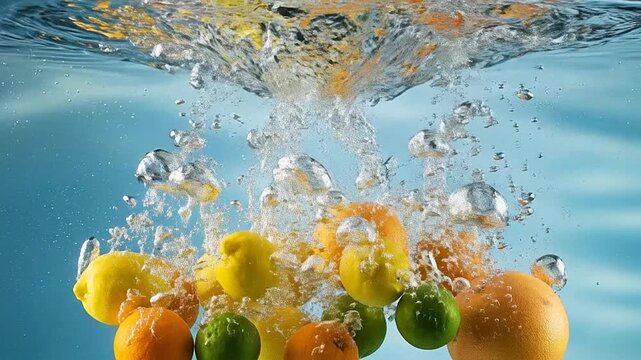 Fresh citrus fruits splashing into clear water, creating a refreshing and vibrant scene