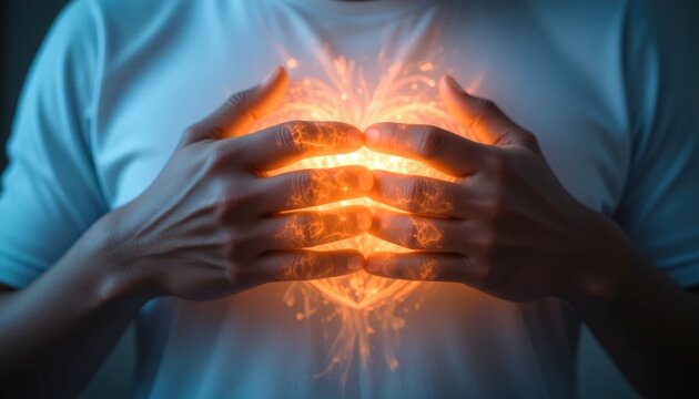 A person holds glowing light and spark effects between their hands, symbolizing energy, power, or inner strength.