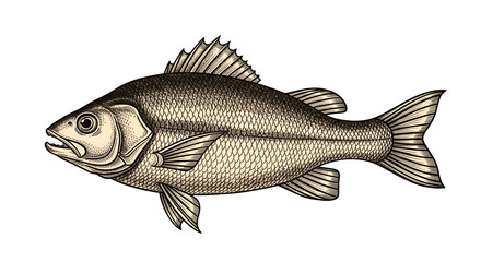 Fototapeta premium Detailed illustration of a single fish with scales in a vintage style depicting aquatic wildlife on an isolated dark background