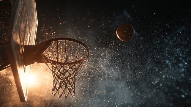 Basketball Aim: Dramatic shot of a basketball, frozen mid-air as it approaches the hoop, symbolizing the moment of truth. Focus on action and game.