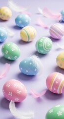 Fototapeta premium Vibrant easter eggs with pastel patterns and feathers on light purple background
