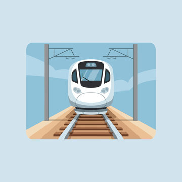 Flat vector illustration of a modern white high-speed commuter train approaching on a railway track with overhead power lines and catenary poles under a clear blue sky background.