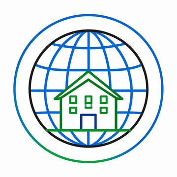 Global real estate icon with a house and globe representing international housing markets and property investment opportunities