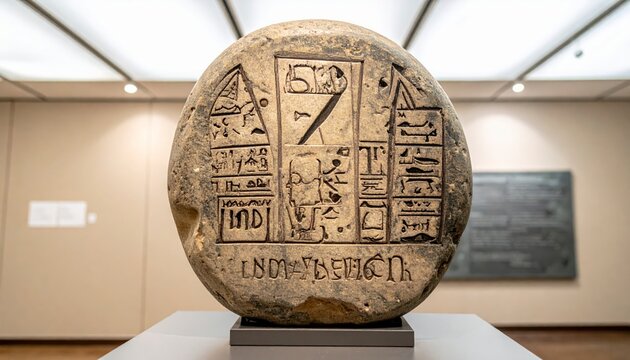 A detailed replica of the Rosetta Stone displaying three ancient scripts, a key artifact for understanding Egyptian language and history.