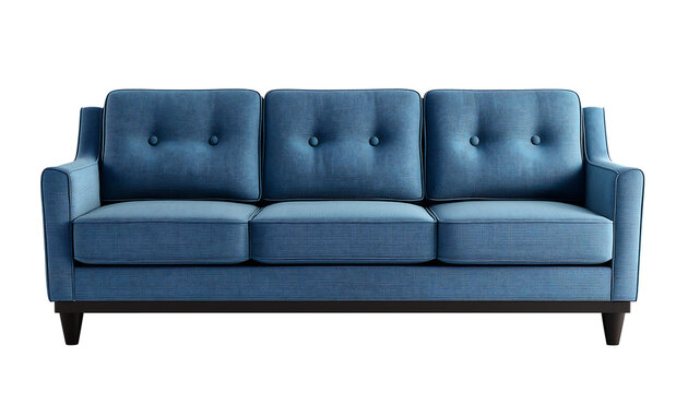 A blue couch with tufted back cushions sits on black legs indoors