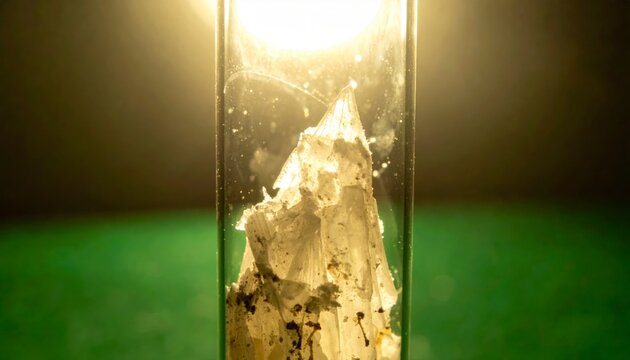 Oxidized White Phosphorus Crystal Emitting a Faint Glow Within a Glass Container Under Dim Lighting Conditions