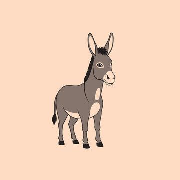 Full body cartoon illustration of a grey donkey with large ears, white muzzle, and black mane standing against a solid light peach background in a clean vector art style.
