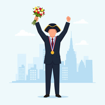 Vector illustration of a man in a navy suit and bicorne hat celebrating victory, holding a bouquet of flowers and wearing a gold medal against a blue city skyline background.