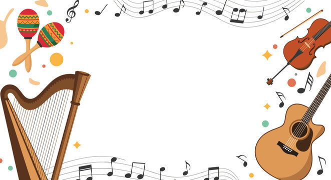Decorative border featuring a harp, maracas, cello, guitar, and musical notes arranged around a central white copy space area.