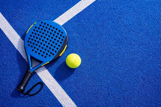 Padel racket and ball on blue court surface