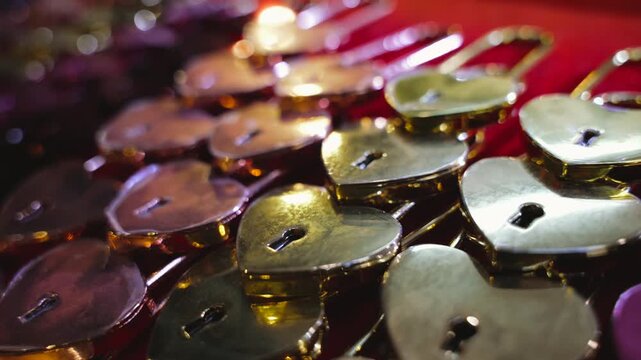 Close up of Heart Shaped wedding padlock Souvenirs for sell on embankment 