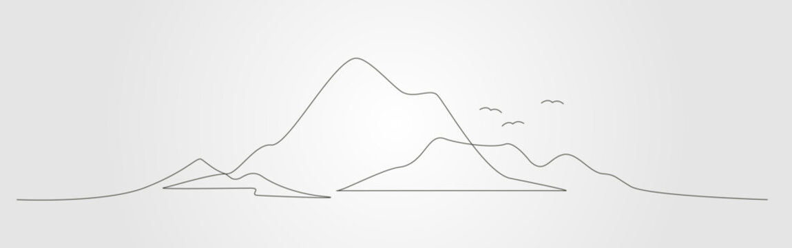 Mountain range in a continuous line drawing style, featuring simple peaks and birds in flight suitable for nature background designs.