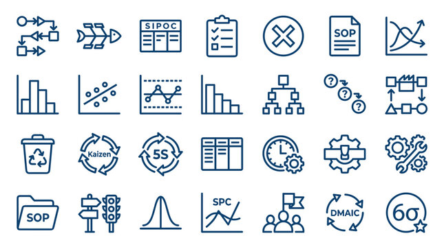 Set of business process improvement icons and symbols for quality management and lean manufacturing concepts