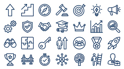 Fototapeta premium Collection of business and success icons representing growth strategy achievement goals teamwork and innovation on a white background