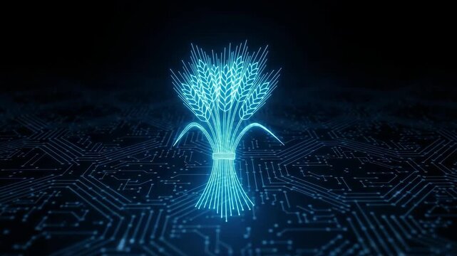Illuminated Digital Wheat Sheaves In Circuit Board Agricultural Tech In Dark Environment With Circuit Patterns In The Background For Agriculture Technology Concepts Data Visualizatio