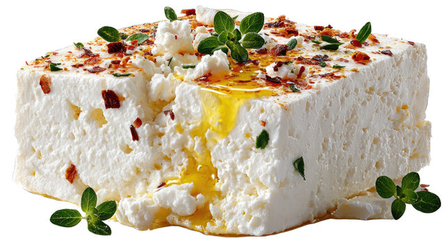 Block of delicious feta cheese with olive oil and fresh herbs isolated on transparent background