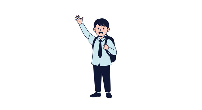 Happy schoolboy in a neat uniform waves his hand while wearing a dark backpack as he prepares for his first day of school or educational trip.