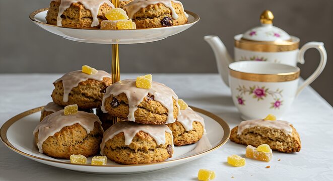 A display of glazed ginger scones with crystallized ginger pieces, stacked, on a tiered white fine china serving tray with gold trim. Perfect for a refined high tea. Shot with elegant, soft focus ligh