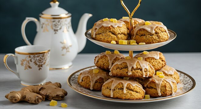 A display of glazed ginger scones with crystallized ginger pieces, stacked, on a tiered white fine china serving tray with gold trim. Perfect for a refined high tea. Shot with elegant, soft focus ligh