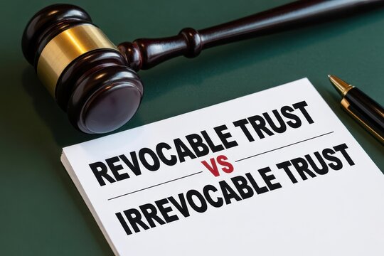 Revocable Trust vs Irrevocable Trust document on desk with gavel and pen