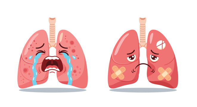 Two personified lung organ characters showing signs of illness, crying, and being covered with medical bandages to represent lung disease.