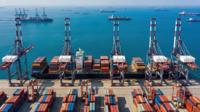 Aerial View Of Cargo Ship Being Loaded With Shipping Containers At Busy Port With Various Freighters On Sea In Background Global Commerce Freight Transportation For Business Visuals