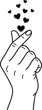Korean finger heart hand gesture with flying hearts on transparent background.