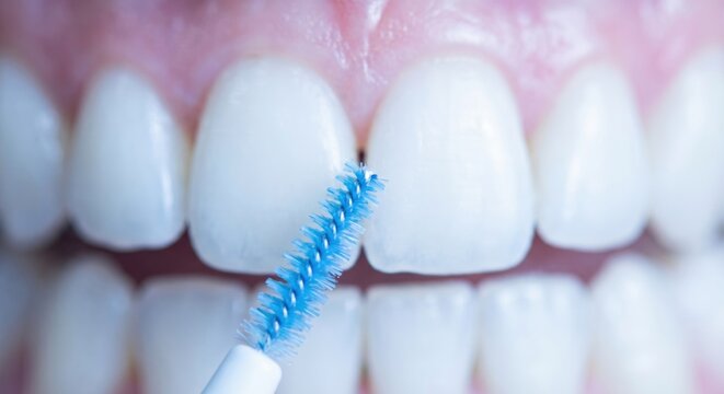 Interdental brush cleaning gaps between white teeth