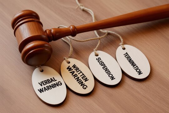 Gavel with disciplinary tags for employee management