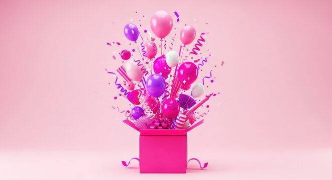 Pink gift box with balloons and confetti exploding out celebration party