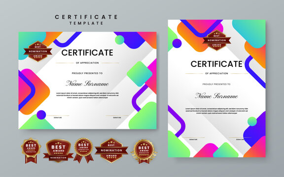 Professional certificate template set featuring colorful rounded square geometric patterns