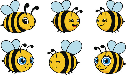 Obraz premium Cartoon Bee Vector Collection Featuring Cute Insect Characters with Playful Expressions for Creative Designs
