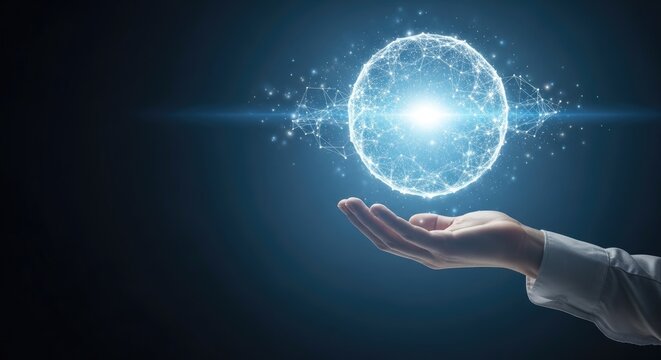 A hand holding a glowing blue digital sphere with a network pattern palm