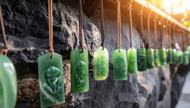 A collection of intricately carved jadeite pendants, featuring mythical figures and symbols, gracefully suspended in a row against a rustic dark stone wall, bathed in natural sunlight.