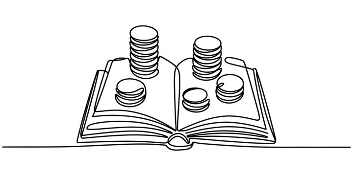 Continuous line art of an open book with stacks of coins representing financial knowledge.