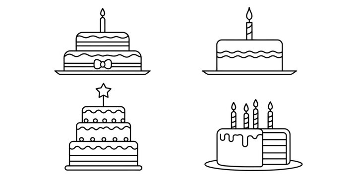 Set of four diverse birthday cake icons featuring candles, bows, and stars in line art style.