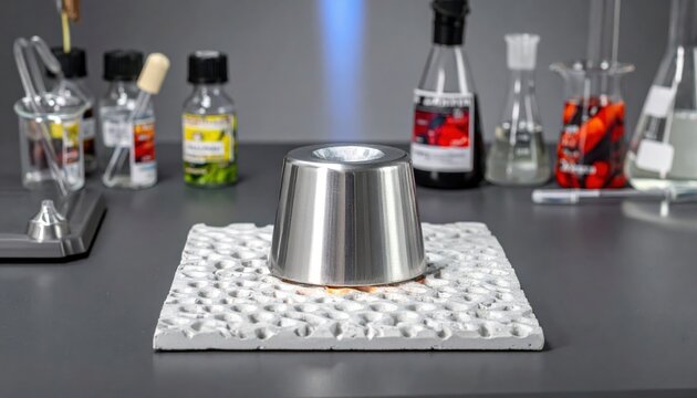 Shiny platinum crucible heated on a textured ceramic mat in a scientific laboratory setting with various glassware and chemicals.