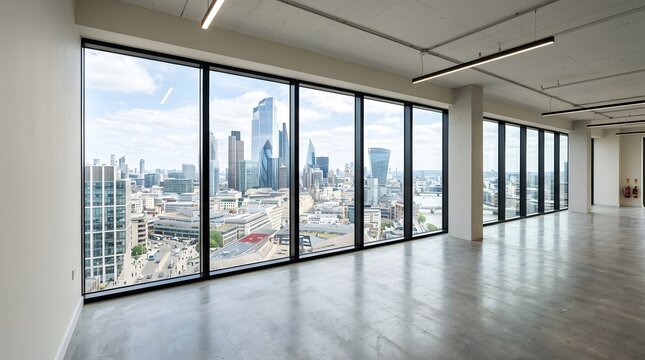 Empty modern office space with a panoramic London city skyline view