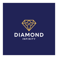 Fototapeta premium Diamond infinity logo with golden diamond and white text on blue square icon