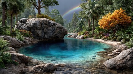 Obraz premium Lush tropical rainforest with a clear blue stream and rainbow.