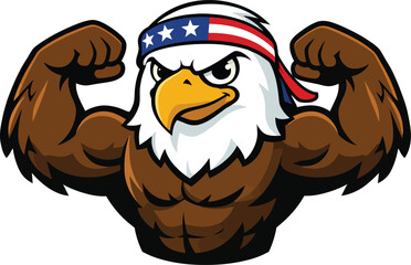 Naklejka premium Muscular cartoon eagle wearing american flag headband and flexing arms isolated on white background vector illustration