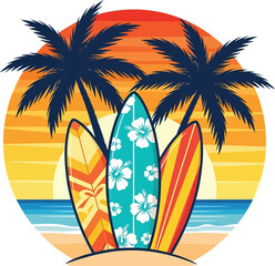 Three colorful surfboards standing upright on a sandy beach. © Vira