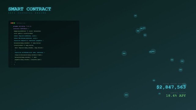 An intricate blockchain finance ledger manifests on a darkened screen while scrolling lines of smart contract code and shifting financial metrics illustrate an automated decentralized economy