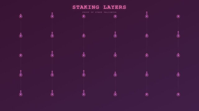 An abstract visualization of a blockchain finance ledger illustrating the sequential growth of staking layers and validator nodes within a sophisticated dark purple digital atmosphere
