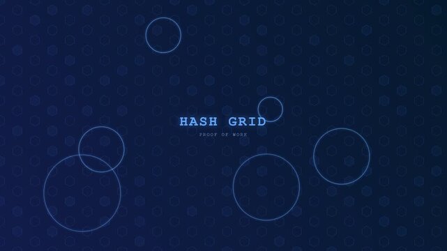 An abstract animation depicting a blockchain finance ledger where pulsating holographic circles emerge across a deep indigo hexagonal grid representing secure distributed computing and encrypted data