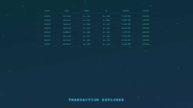 A sophisticated blockchain finance ledger visualizing encrypted transaction data streaming across a celestial dark cyan digital void in a cinematic futuristic corporate data analysis simulation